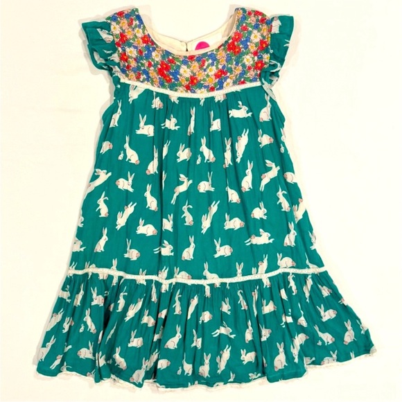 Mini Boden Bunny Rabbit Floral Dress Girls 5-6 Y Cotton Crinkle Lined Spring - Picture 1 of 8